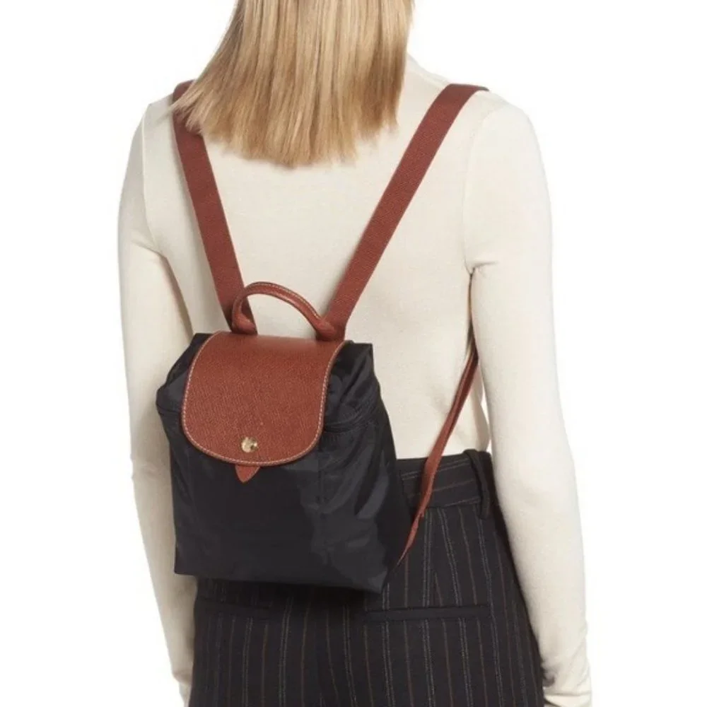 Longchamp Mini Le Pliage Backpack Black NWT Leather Nylon - Picture 2 of 8